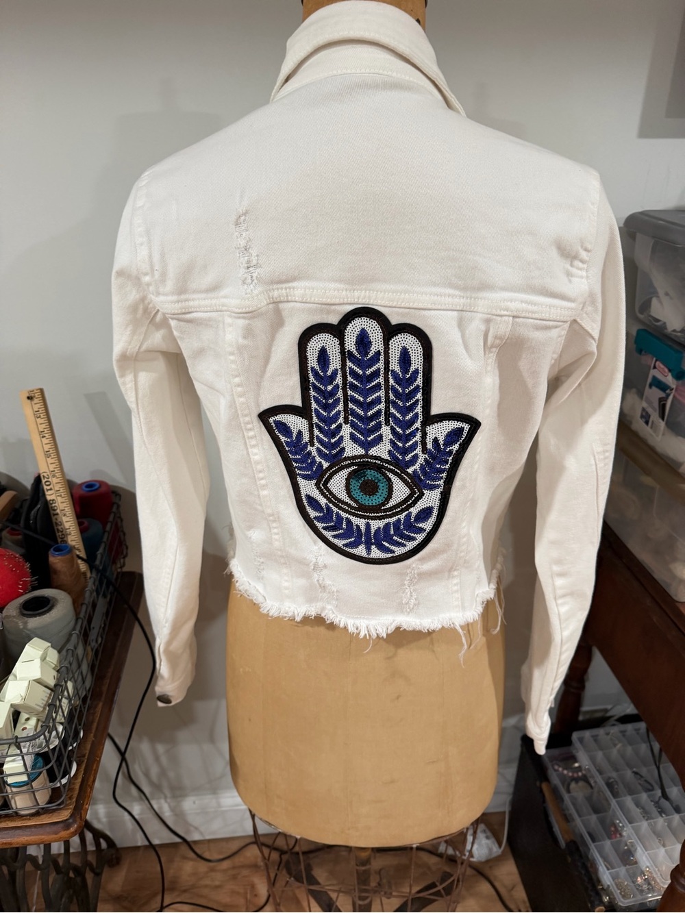 VIP White Cropped Jean Jacket with Blue Hamsa Eye Patch